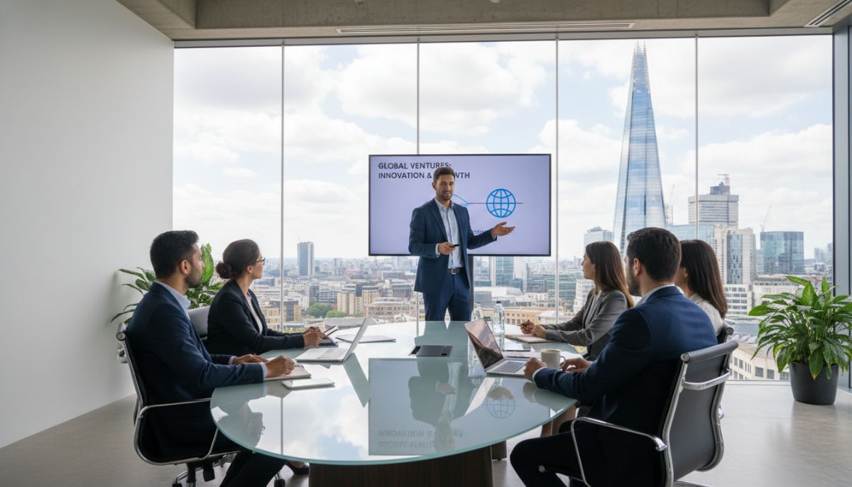 A professional expat entrepreneur presenting a slide deck to diverse investors in a modern glass boardroom in London, with the Shard visible in the background