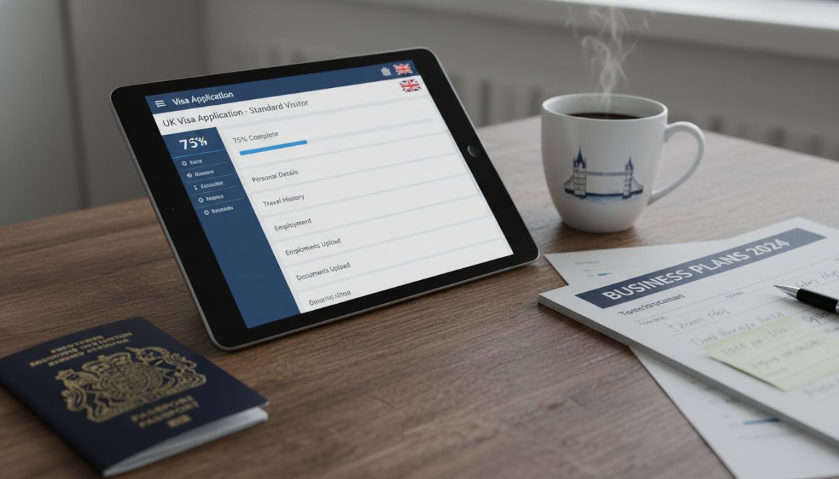 A close-up of a tablet displaying a UK visa application dashboard next to a passport, coffee cup, and business plans on a wooden desk