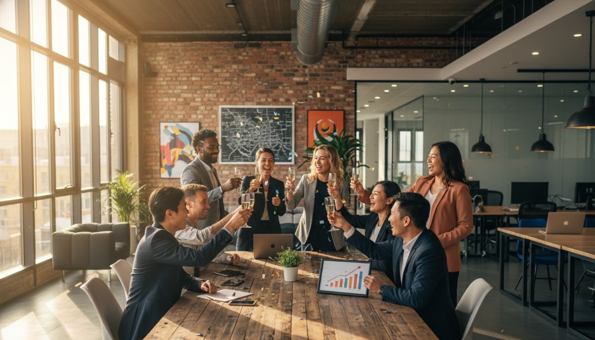A diverse team of business professionals celebrating a success in a modern London co-working space, bright natural lighting