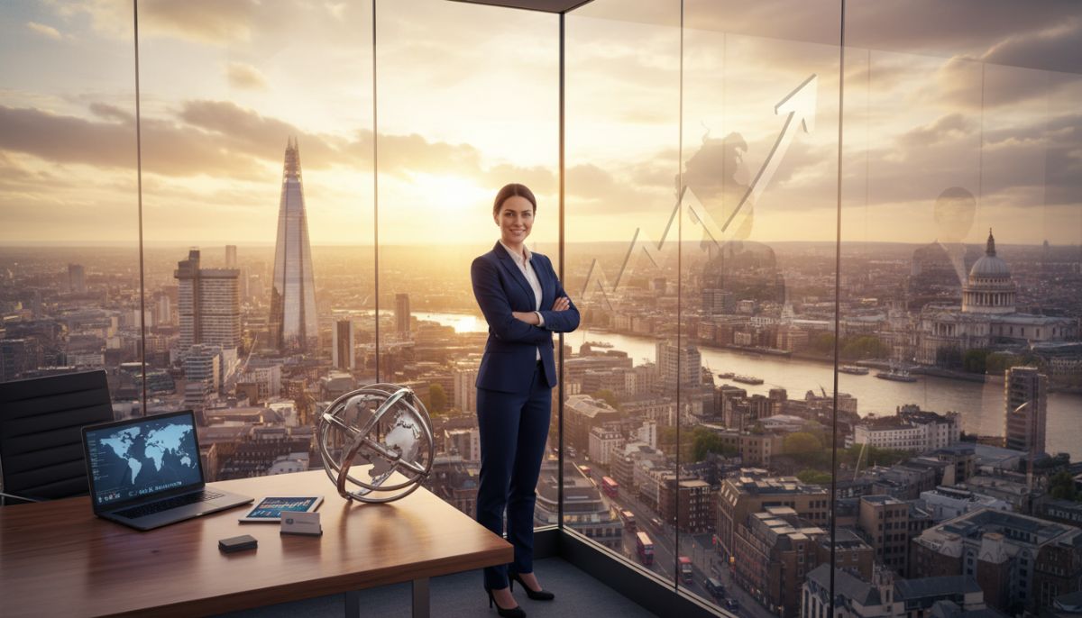 A confident foreign entrepreneur standing in a modern glass office looking out over the London skyline, symbolizing international business expansion and corporate immigration.