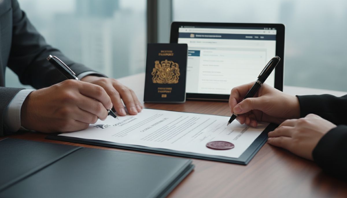 A close-up of hands signing official corporate business contract papers on a wooden desk, with a British passport and an iPad visible in the background, representing legal immigration processes.
