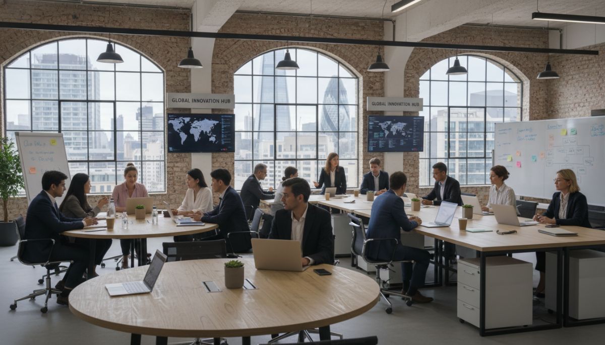 A modern collaborative office environment in London, where diverse professional expats are working together with laptops and sharing ideas, showing the dynamic business environment in the UK.